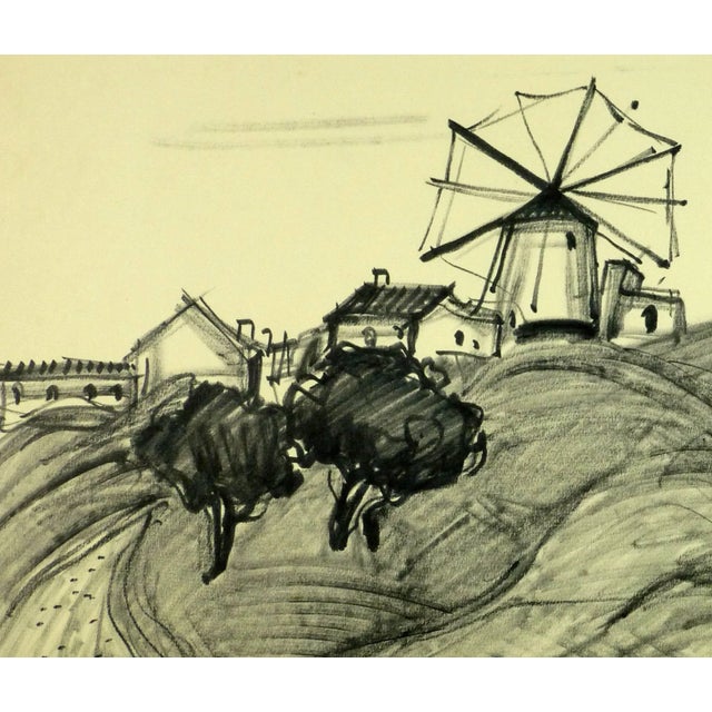Mid-century French ink drawing of scenic windmills by artist Jean Baptiste Grancher (1911-1974). Original artwork on paper...