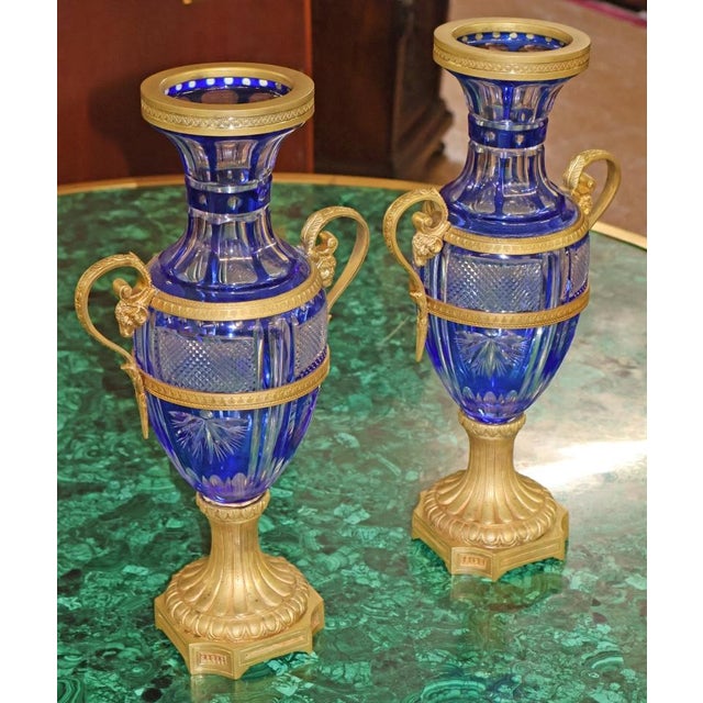 Pair of Late 19th Century Neoclassical Russian Bronze & Cut Cobalt Glass Vases Dimensions : 7.5" Wide X 5" Deep X 14" Tall...
