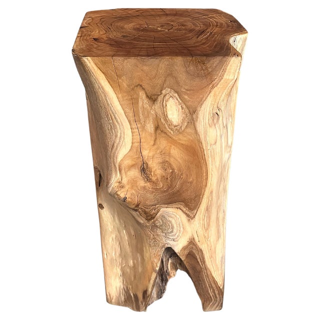 Reclaimed teak wood pedestal or side table hand carved into this usable shape whilst respecting the organic wood. Polished...