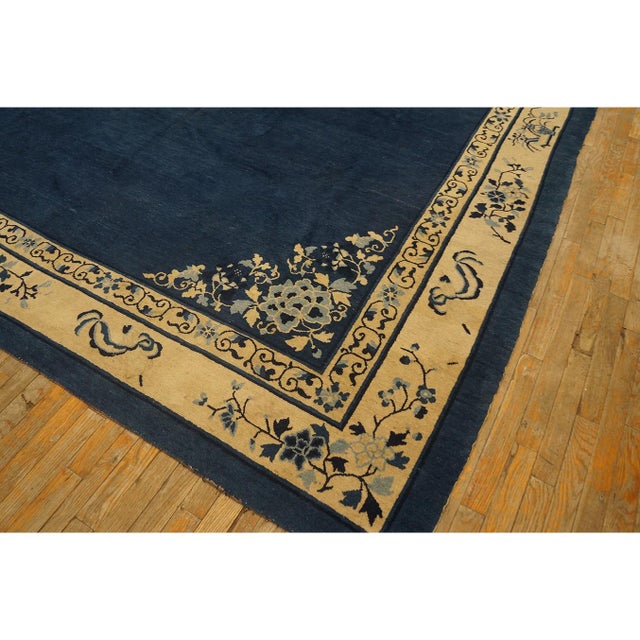 Antique Peking Chinese Floral Navy Open Field Medallion Oriental 1920s Rug For Sale - Image 9 of 11