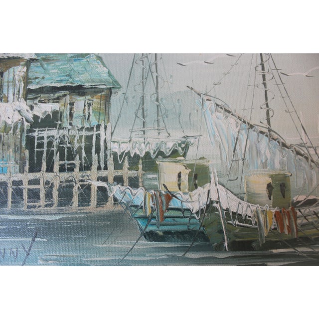 Signed Vintage Oil Painting on Stretched Canvas Boats Harbour Marina For Sale - Image 9 of 9