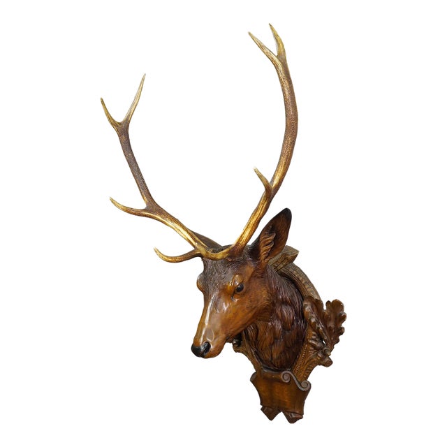 Large Naturalistic Black Forest Carved Stag Head, Ca. 1920s For Sale