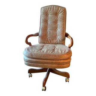 1990s Vintage Distressed Brown Leather Desk Arm Chair For Sale