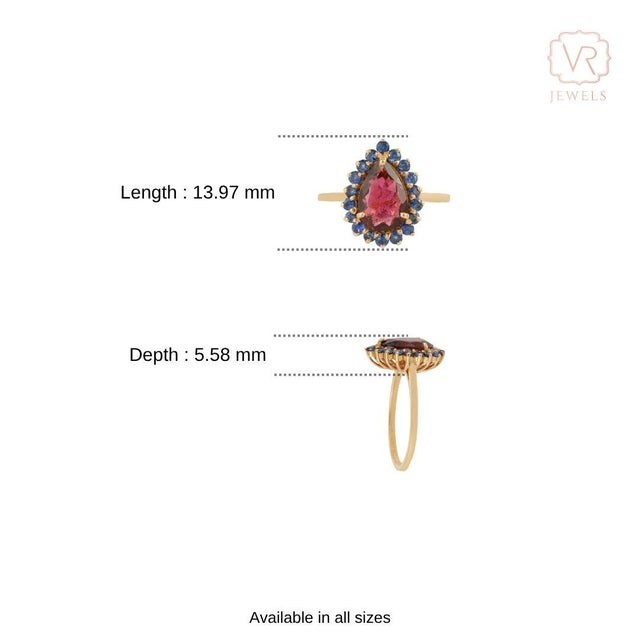 Retro Style 18k Yellow Gold 1.77ct Rubelite & Blue Sapphire Halo Ring Size 5 For Sale - Image 11 of 17