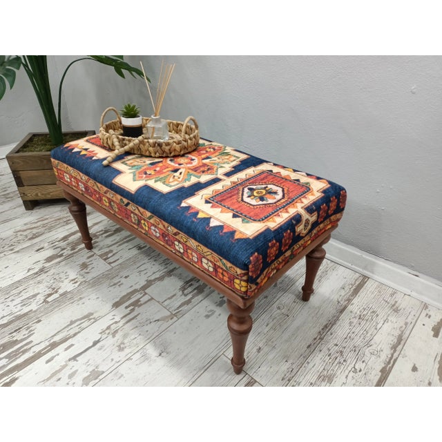 Wood Ink Blue Printed Rug Fabric Upholstered Ottoman Bench For Sale - Image 7 of 10