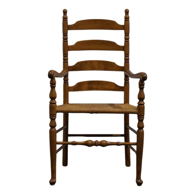 Ethan Allen Heirloom Nutmeg Maple Colonial Early American Ladderback Dining Arm Chair W. Rush Seat 10-6050a For Sale