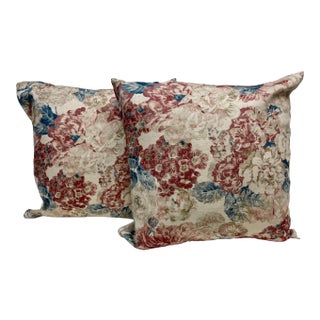 Pair of 20" Square Pillows With a Pink, Red & White Tapestry-Look Floral Pattern - Made in Uk For Sale