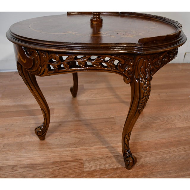 1920 Antique French Louis XV Walnut Inlaid 2 Tier Side End Table / Serving Table For Sale - Image 11 of 12