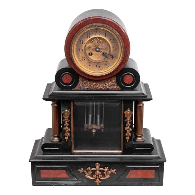 French Marble and Black SMantel Clock For Sale