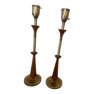 Vintage Rembrandt Walnut Wood and Brass Torchiere Style Lamps - a Pair For Sale