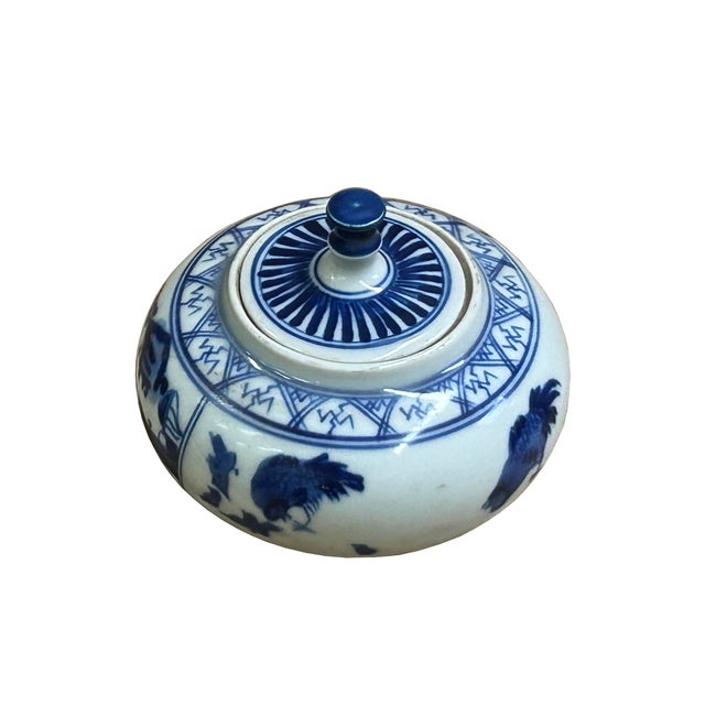 Blue Tiny Small Blue White Oriental Graphic Porcelain Jar For Sale - Image 8 of 8