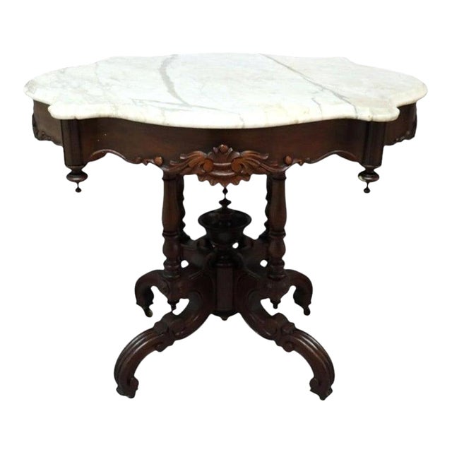 Renaissance Revival Carved Walnut & Marble Turtle Top Table C1890 For Sale