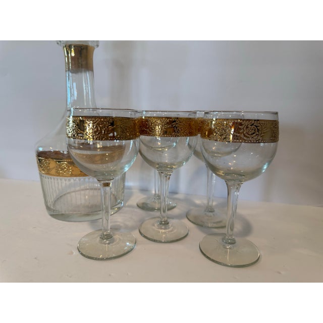 Vintage Culver Tyrol Gold Filigree Glass Decanter & 5 Stemmed Wine Glasses Set For Sale - Image 11 of 12