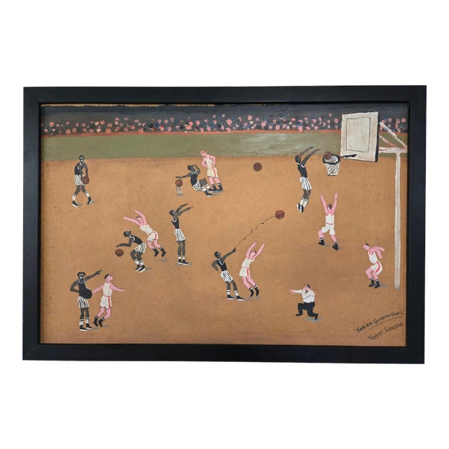 Vintage Harlem Globetrotters Oil Painting on Board Folk Art by Tommy Johnson, Framed For Sale