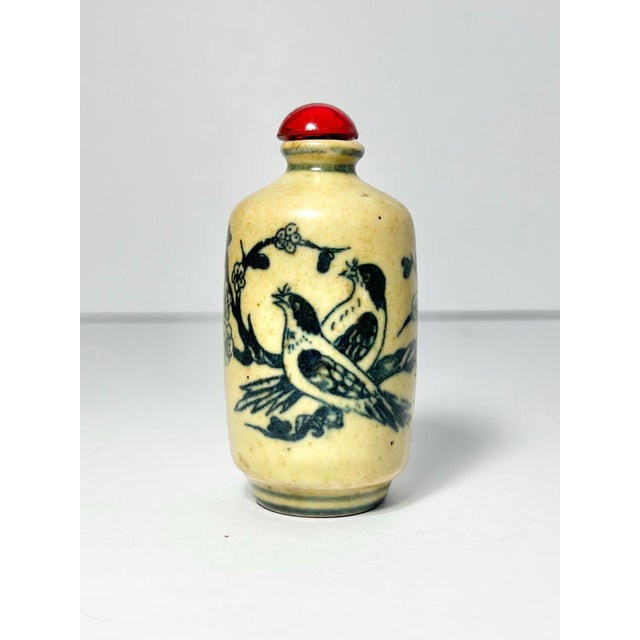 Antique Chinese Yellow Porcelain Blue 2 Birds Flowers Snuff Bottle & Red Stopper Good antique condition. No damage to...