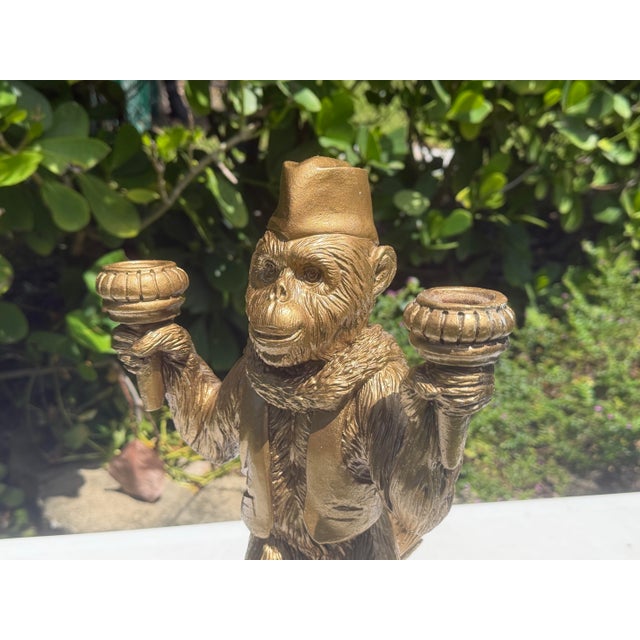 Vintage Monkey Candelabra Sculpture With Fez Hat, Aged Gold Finish For Sale - Image 10 of 11