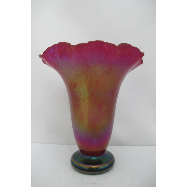 Late 20th Century Donald Carlson Iridescent Art Glass Ruffled Trumpet Vase For Sale - Image 5 of 13