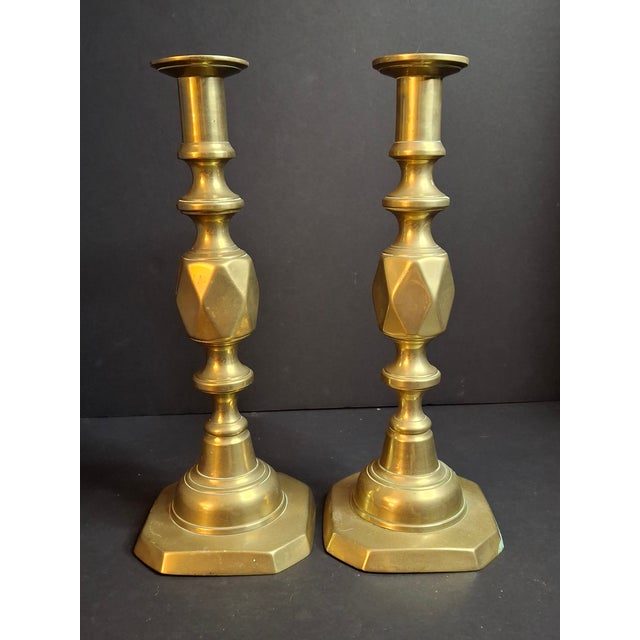 Late 19th Century Antique Matching Pair Victorian "The Queen of Diamonds" Brass Candlesticks 11" Push Up Ejector c.1897 For Sale - Image 5 of 18