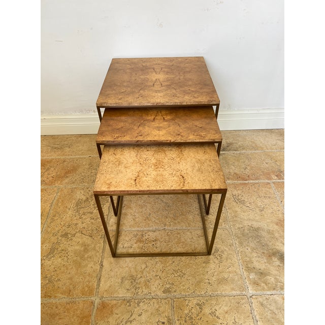Late 20th Century Burlwood/Brass Nesting Tables - Set of 3 For Sale - Image 4 of 13