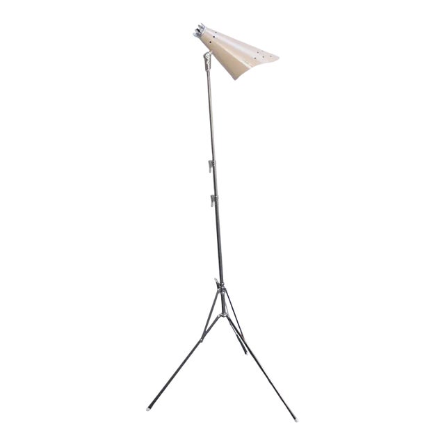 Mid-Century Modern Adjustable Chrome Tripod Floor Lamp With Star Perforated Pink Shade For Sale