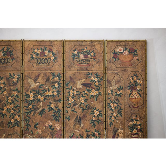 Art Deco Six-Panel Leather Screen with Birds, Flowers, and Roosters - Vintage For Sale - Image 3 of 12