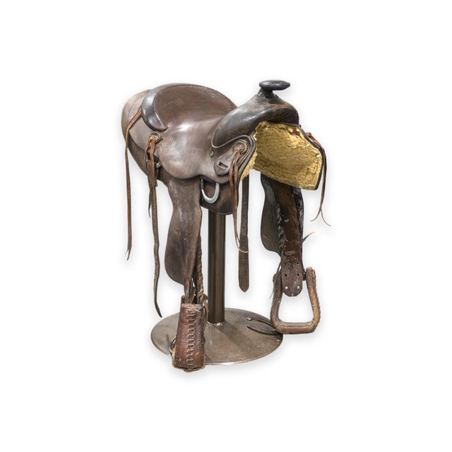 Contemporary Custom Made Whiskey Barrel Pub Table With 4 Horse Saddle Stools For Sale - Image 14 of 14