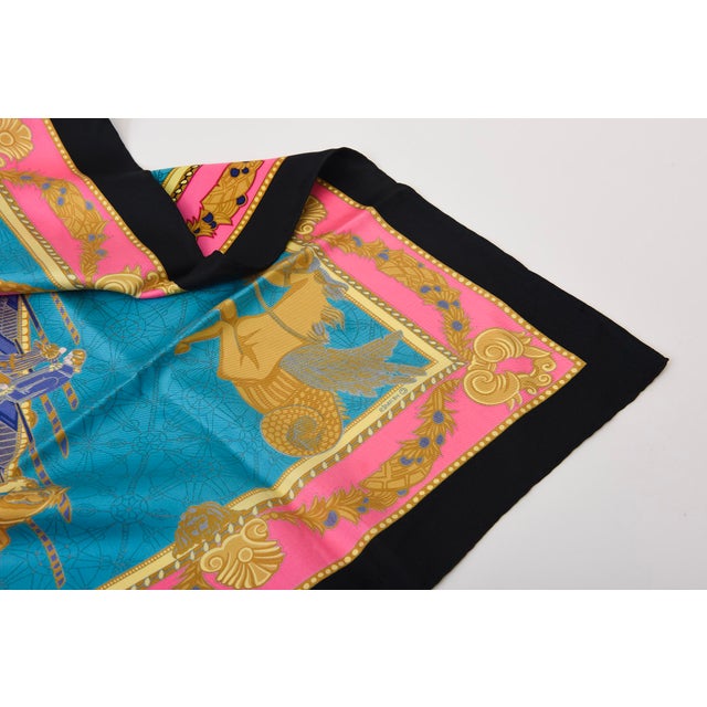 Hot Pink 1970s Vintage Silk Hermes Scarf "Les Bissone De Venice" Hot Pink, Turquoise, Gold, Black, Gray, Purple For Sale - Image 8 of 11