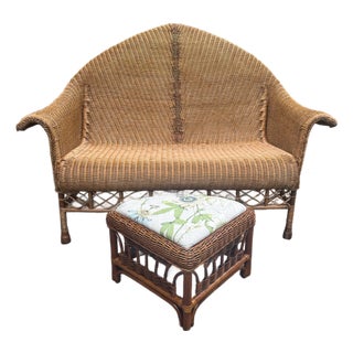Rare Vintage Professionally Restored Wicker Rattan Cathedral Back Settee W Ottoman Brand New Upholstered Cushion and Accent Pillow Designer Fabrics For Sale