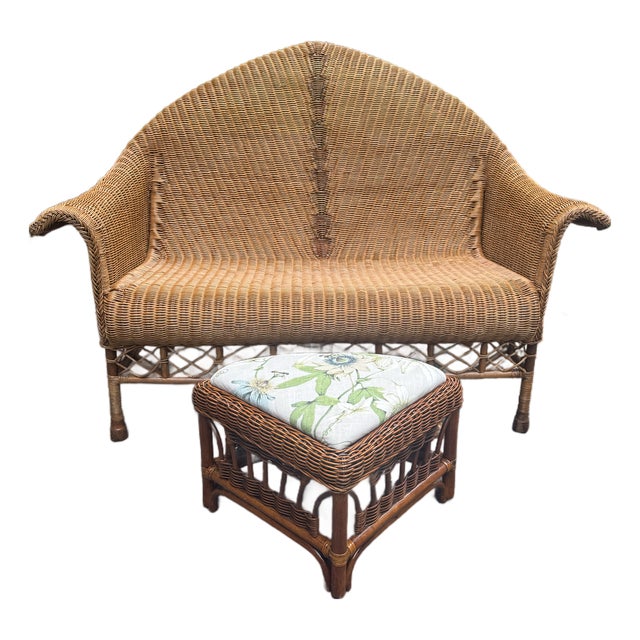 Rare Vintage Professionally Restored Wicker Rattan Cathedral Back Settee W Ottoman Brand New Upholstered Cushion and Accent Pillow Designer Fabrics For Sale