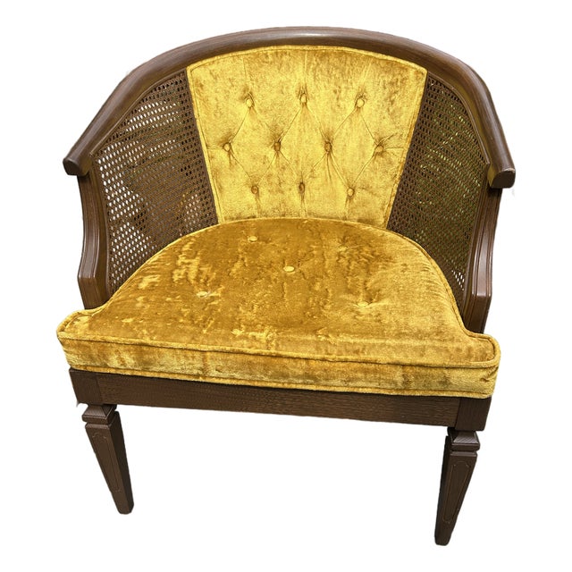 1960s Cane Tub Chair in Vibrant Marigold Slub Velvet - Rare Finished Seat Deck For Sale