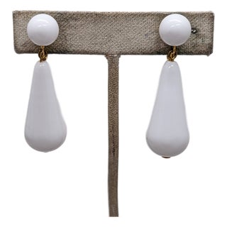 Vintage 1950s Signed Crown Trifari White Drop Clip Earrings-2 Pieces For Sale