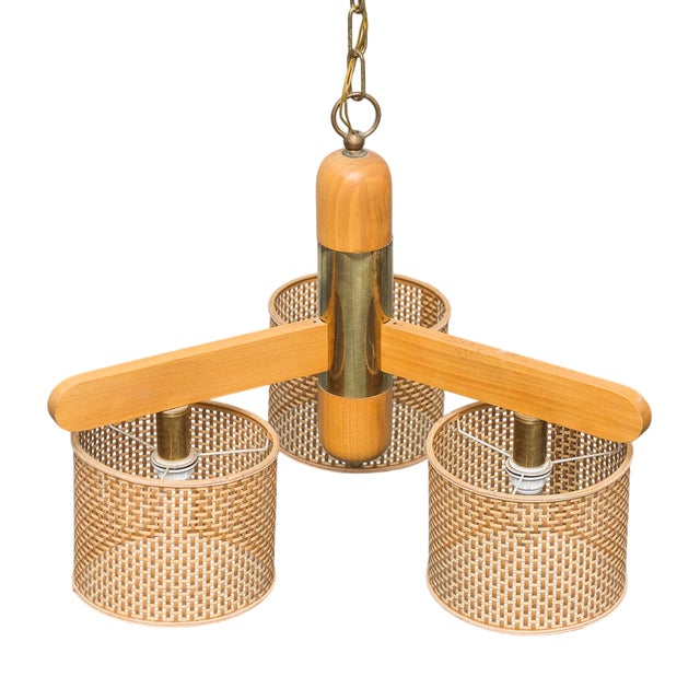 3-Light Chandelier in Wood and Rattan, 1970s For Sale