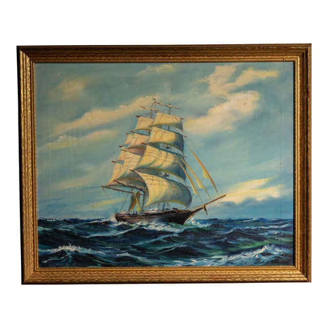 Early 20th Century Painting of Ship at Sea, Daytime - Oil on Canvas, Framed For Sale