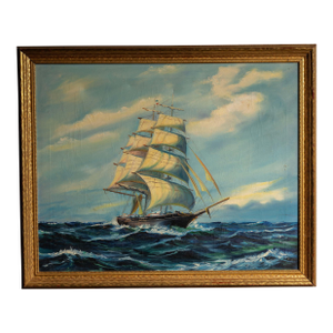 Early 20th Century Painting of Ship at Sea, Daytime - Oil on Canvas, Framed