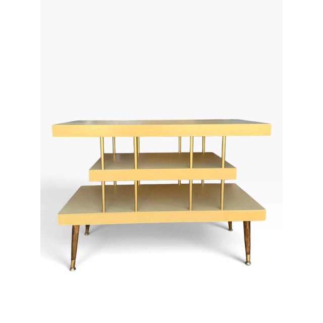 Mid-Century Modern Vintage Mid-Century Modern Three-Tier Tangerine Console Table With Walnut and Gold Accents For Sale - Image 3 of 10