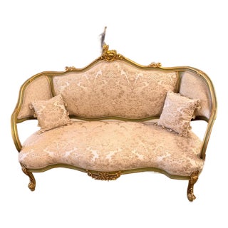 1960s French Louis XV Rococo Canapac Loveseat Antique Green & Gold Gilt Wood Beige upholstery Settee For Sale