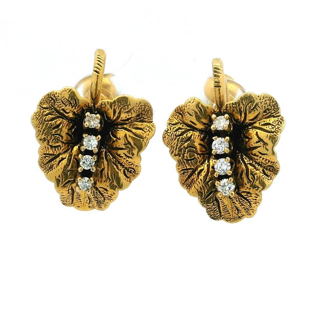 Vintage 14k Gold Diamond Leaf Earrings, American Mid-Century Screw Back Clips, A Pair For Sale - Image 12 of 12