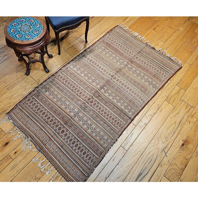 Antique Uzbek Tribal Soumak Kilim, Handwoven Stripe Pattern, Brown & Gold, 4x7 For Sale In Chicago - Image 6 of 16