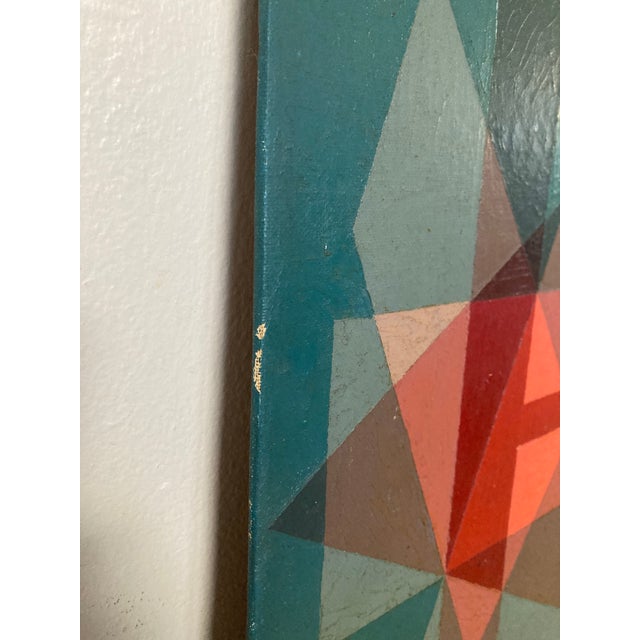 Cerulean Benjamin Ben Frazier Cunningham (1925-1975) Painting Oil on Canvas Board 1952 “Scarlet” Op Art Hard Edge Mid Century 16”x20” For Sale - Image 8 of 12
