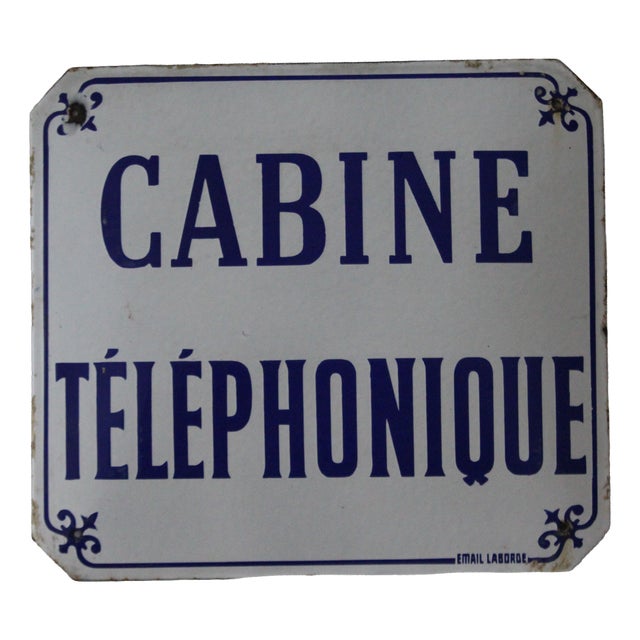 Phone Box Sign in Blue and White Enamel Metal, 1970s For Sale