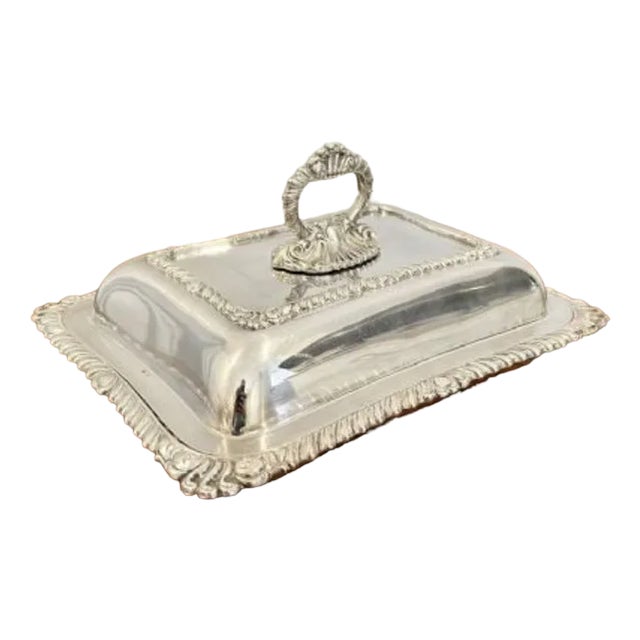 Antique Edwardian Ornate Silver Plated Rectangular Entrée Dish, 1900s For Sale