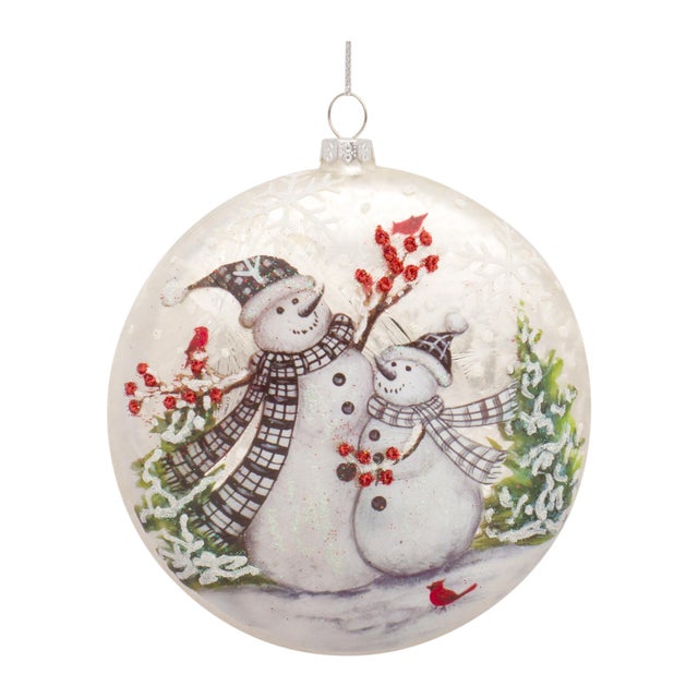 Contemporary Whimsical Snowman Disc Ornament with Snowy Cardinal Scene (Set of 6) For Sale - Image 3 of 3