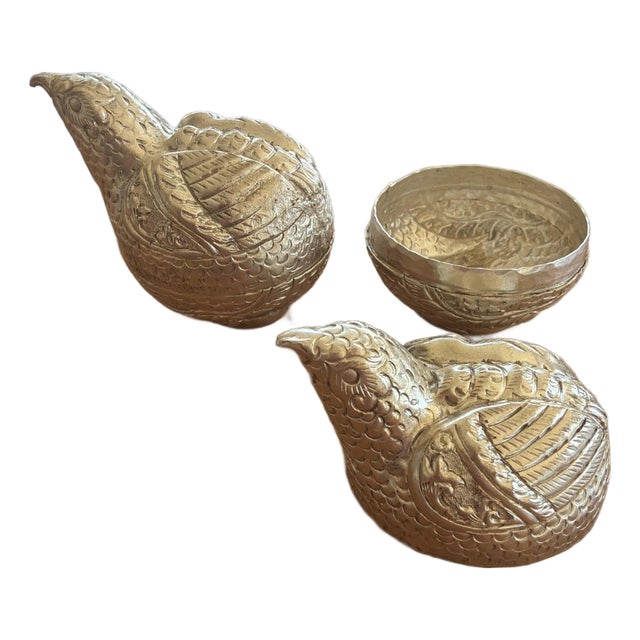 Vintage Silver Tone Bird Trinket Boxes Pair Quail Partridge 2.75” For Sale