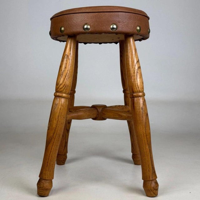 Metal Antique Oak Upholstered Stool, 1800s For Sale - Image 7 of 11