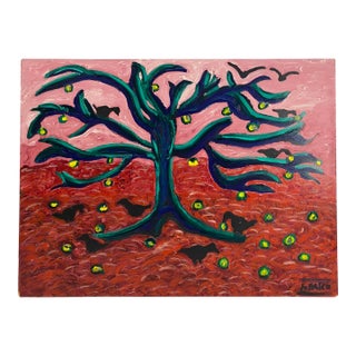 Expressive Tree With Birds and Golden Fruit – Oil on Board Landscape by Jo Patch For Sale