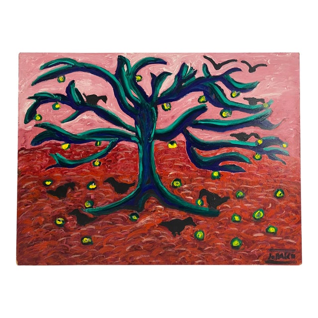 Expressive Tree With Birds and Golden Fruit – Oil on Board Landscape by Jo Patch For Sale