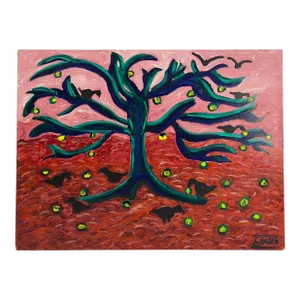 Expressive Tree With Birds and Golden Fruit – Oil on Board Landscape by Jo Patch