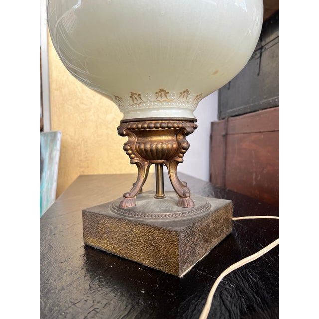 Vintage Hollywood Regency Mid Century Table Lamp - Brass, Blue Milk Glass, Gold Stenciled For Sale In West Palm - Image 6 of 9