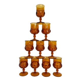 1960s Set of 10 Vintage Amber Glass Thumbprint Wine Glass Goblet Set For Sale