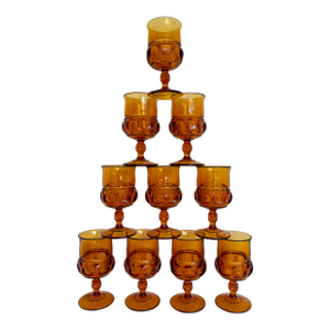 1960s Set of 10 Vintage Amber Glass Thumbprint Wine Glass Goblet Set